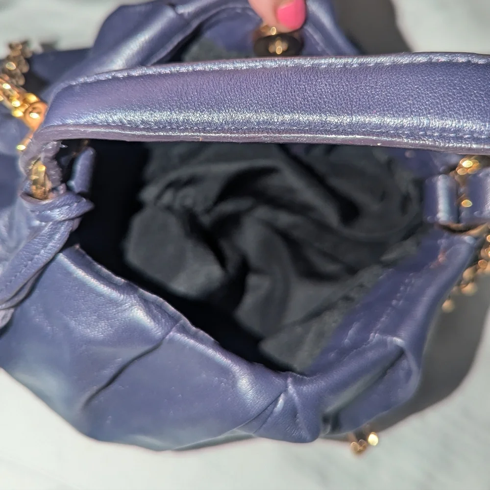 Alfani Navy Leather Ruched Y2K Shoulder Bag with Tassel And Gold Chain Accent